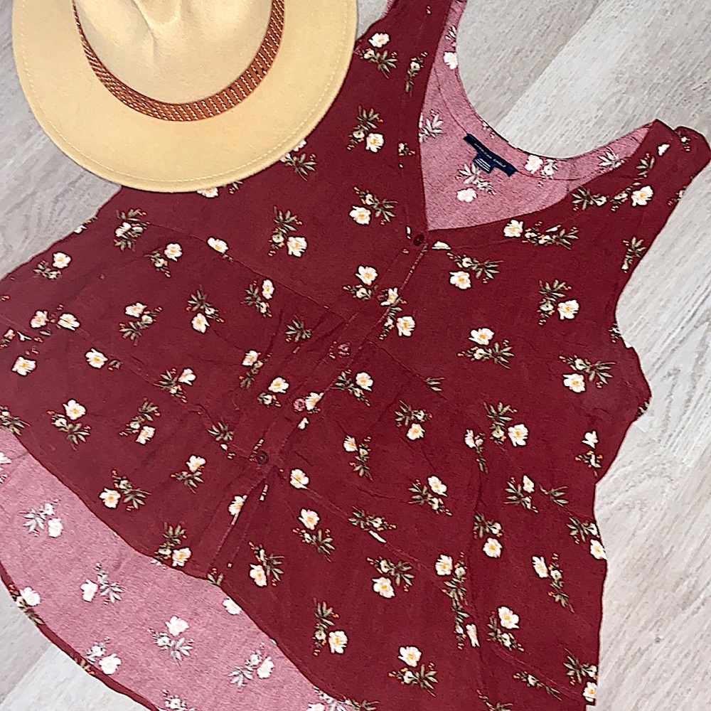 American Eagle Maroon/ Flowered Blouse Women’s - image 1